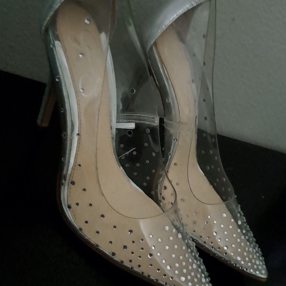 Jessica Simpson Silver and Cream Heels with Rhinestone Embellishments